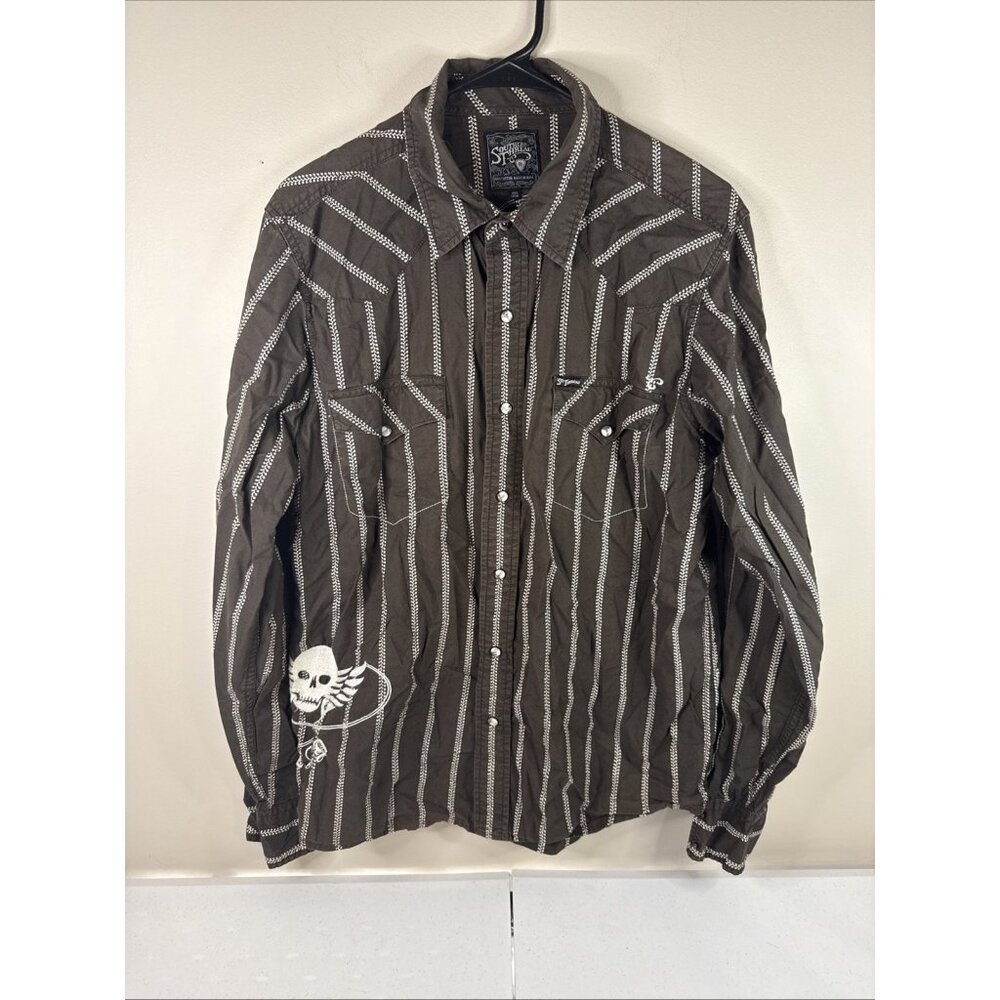 Southern Thread Men's Brown Pearl Snap Long Sleeve Shirt Western Y2K Skull Wings